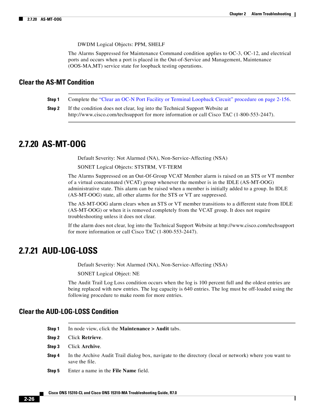 Cisco Systems ONS 15310-CL manual As-Mt-Oog, Aud-Log-Loss, Clear the AS-MT Condition, Clear the AUD-LOG-LOSS Condition 