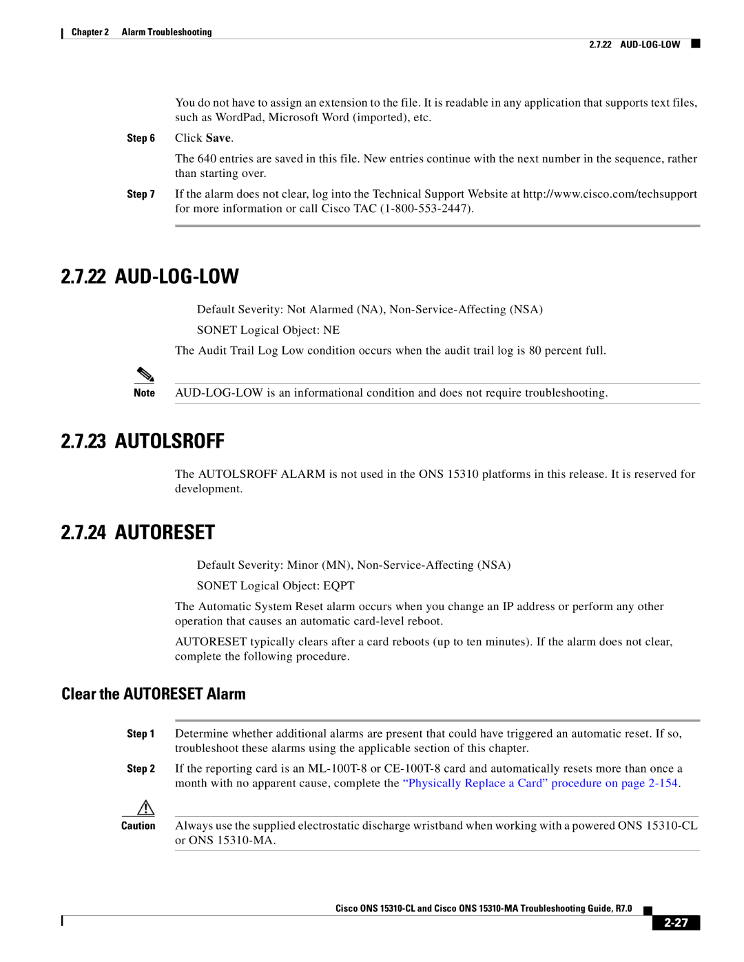 Cisco Systems ONS 15310-MA, ONS 15310-CL manual Aud-Log-Low, Autolsroff, Clear the Autoreset Alarm 