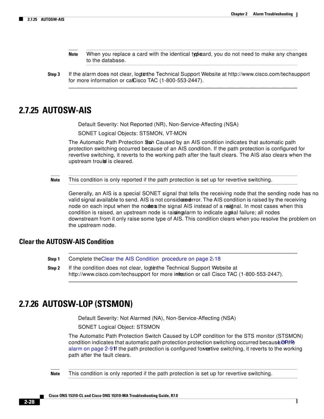 Cisco Systems ONS 15310-CL, ONS 15310-MA manual Autosw-Ais, AUTOSW-LOP Stsmon, Clear the AUTOSW-AIS Condition 