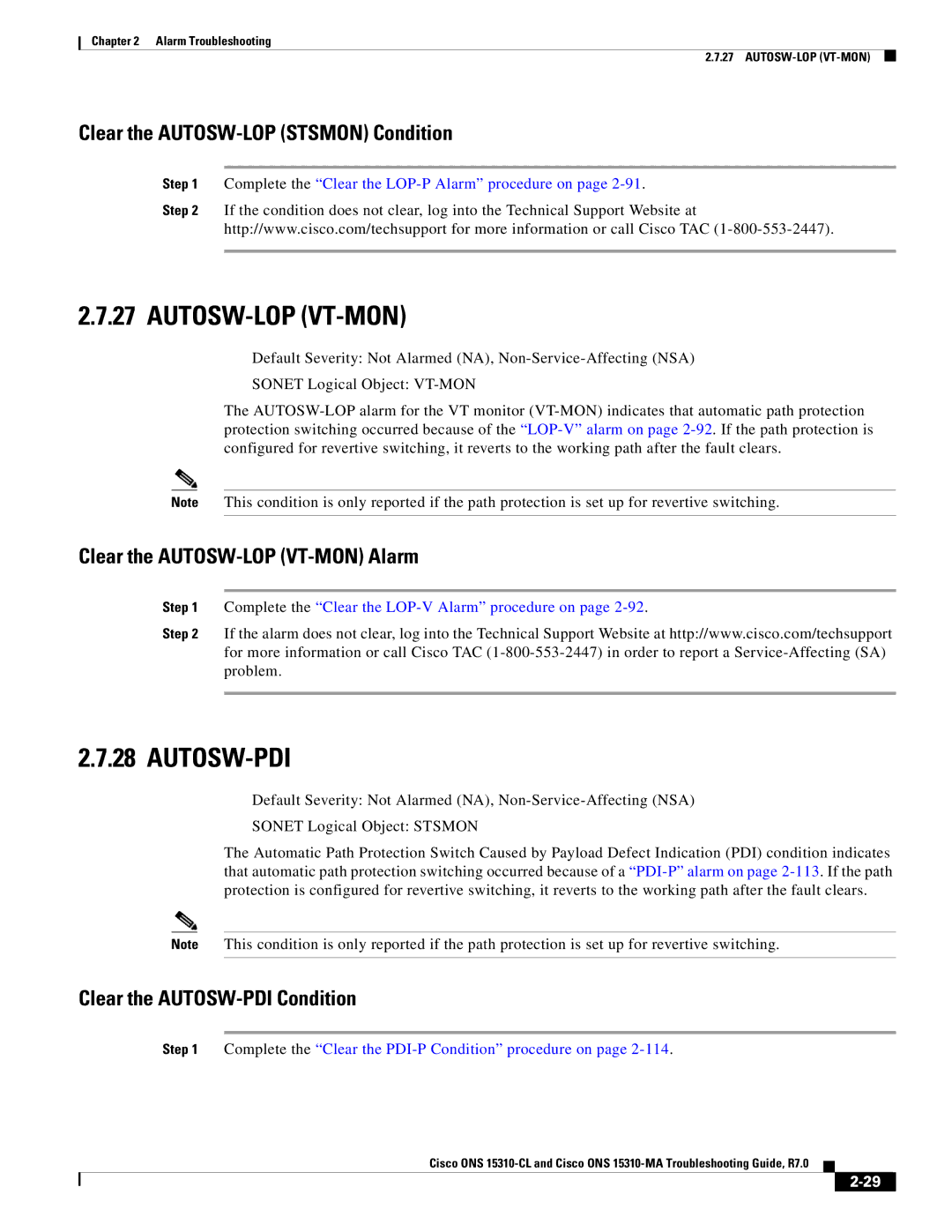 Cisco Systems ONS 15310-MA, ONS 15310-CL manual Autosw-Lop Vt-Mon, Autosw-Pdi, Clear the AUTOSW-LOP Stsmon Condition 