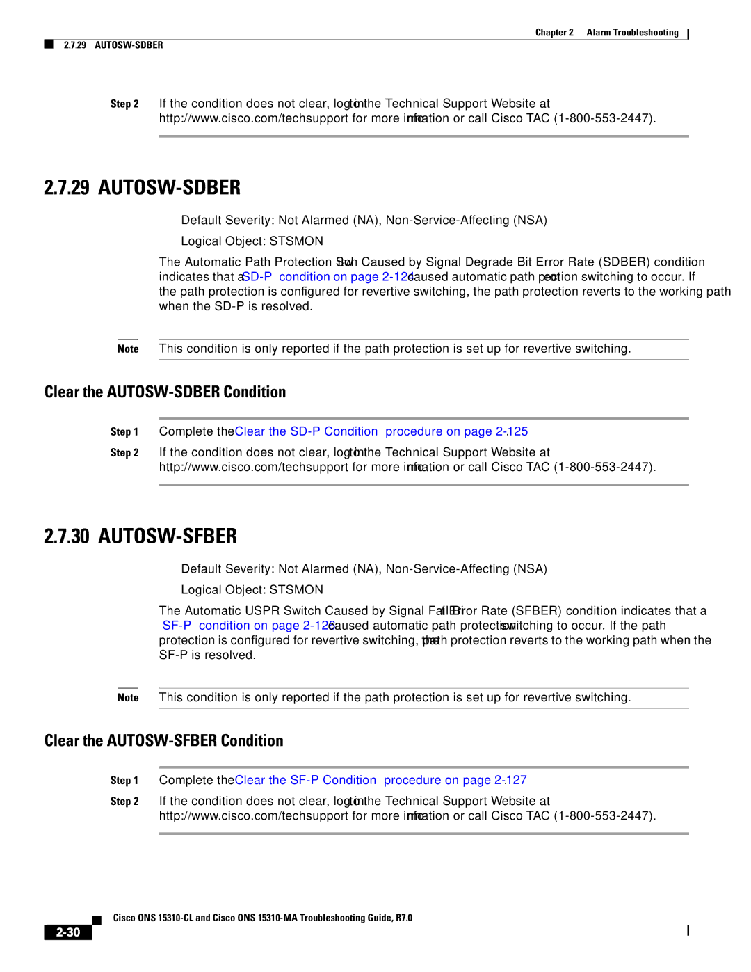 Cisco Systems ONS 15310-CL Autosw-Sdber, Autosw-Sfber, Clear the AUTOSW-SDBER Condition, Clear the AUTOSW-SFBER Condition 