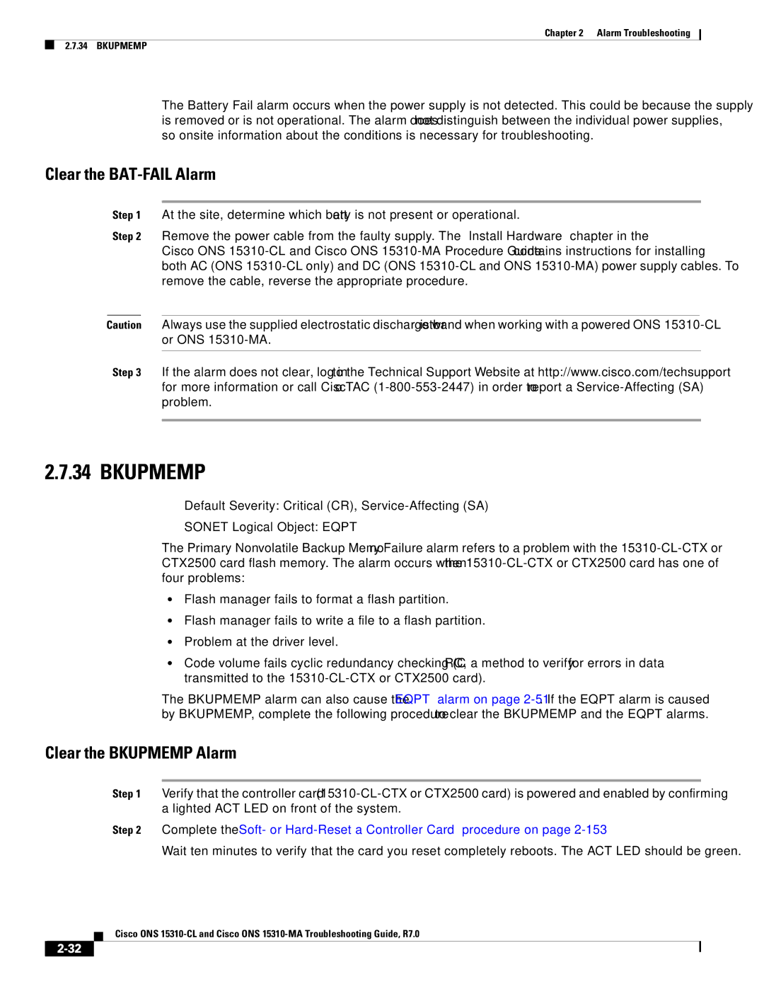 Cisco Systems ONS 15310-CL, ONS 15310-MA manual Clear the BAT-FAIL Alarm, Clear the Bkupmemp Alarm 