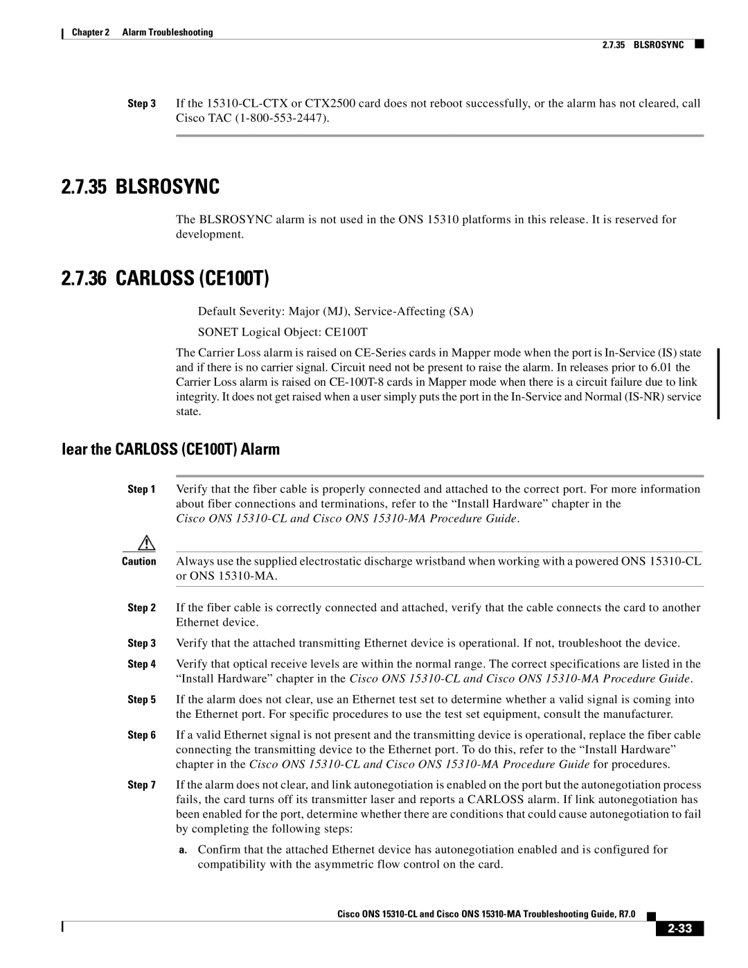 Cisco Systems ONS 15310-MA, ONS 15310-CL manual Blsrosync, Lear the Carloss CE100T Alarm 