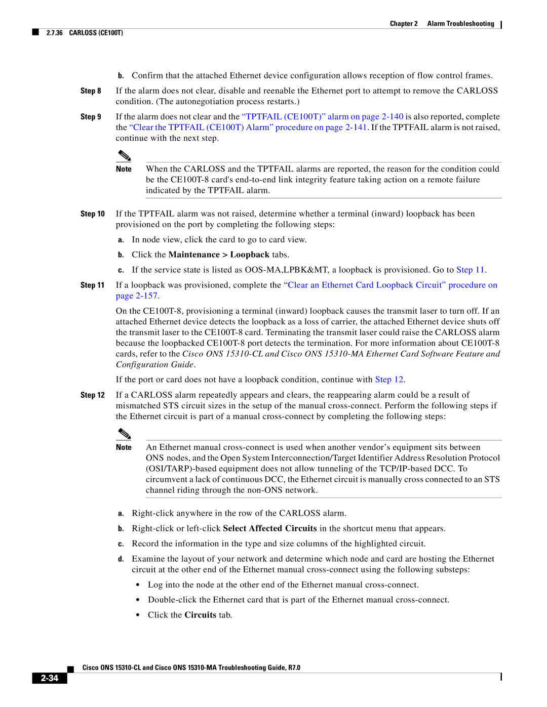 Cisco Systems ONS 15310-CL, ONS 15310-MA manual Alarm Troubleshooting Carloss CE100T 