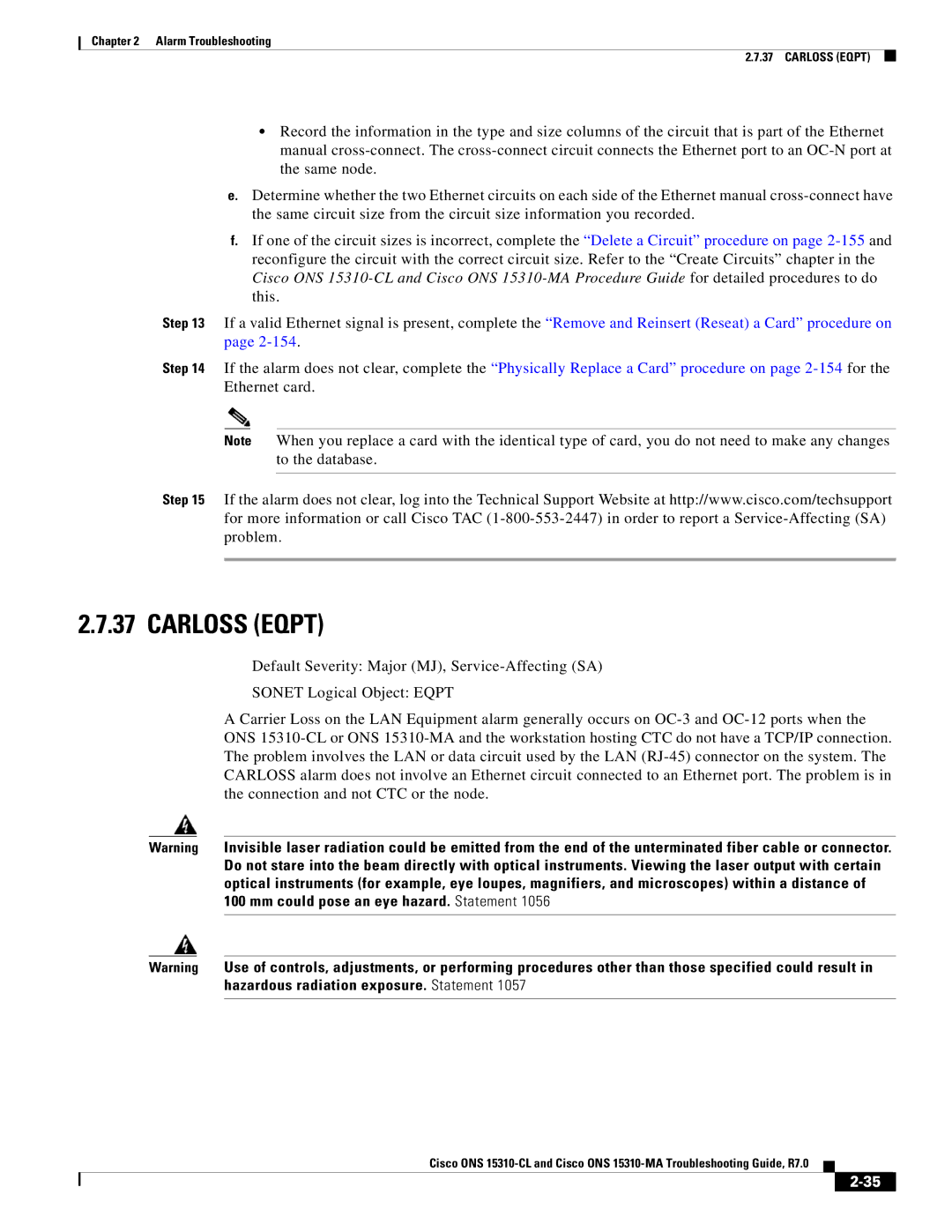 Cisco Systems ONS 15310-MA, ONS 15310-CL manual Carloss Eqpt 