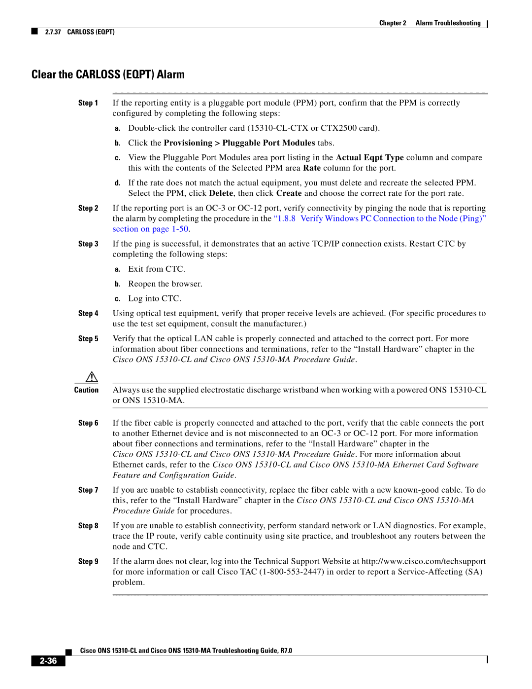 Cisco Systems ONS 15310-CL, ONS 15310-MA Clear the Carloss Eqpt Alarm, Click the Provisioning Pluggable Port Modules tabs 