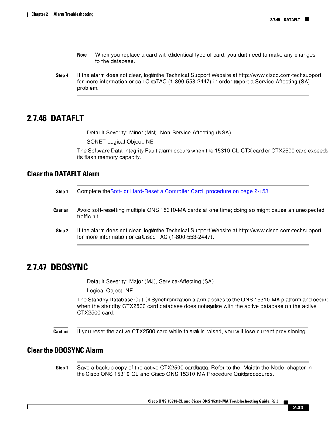 Cisco Systems ONS 15310-MA, ONS 15310-CL manual Clear the Dataflt Alarm, Clear the Dbosync Alarm 