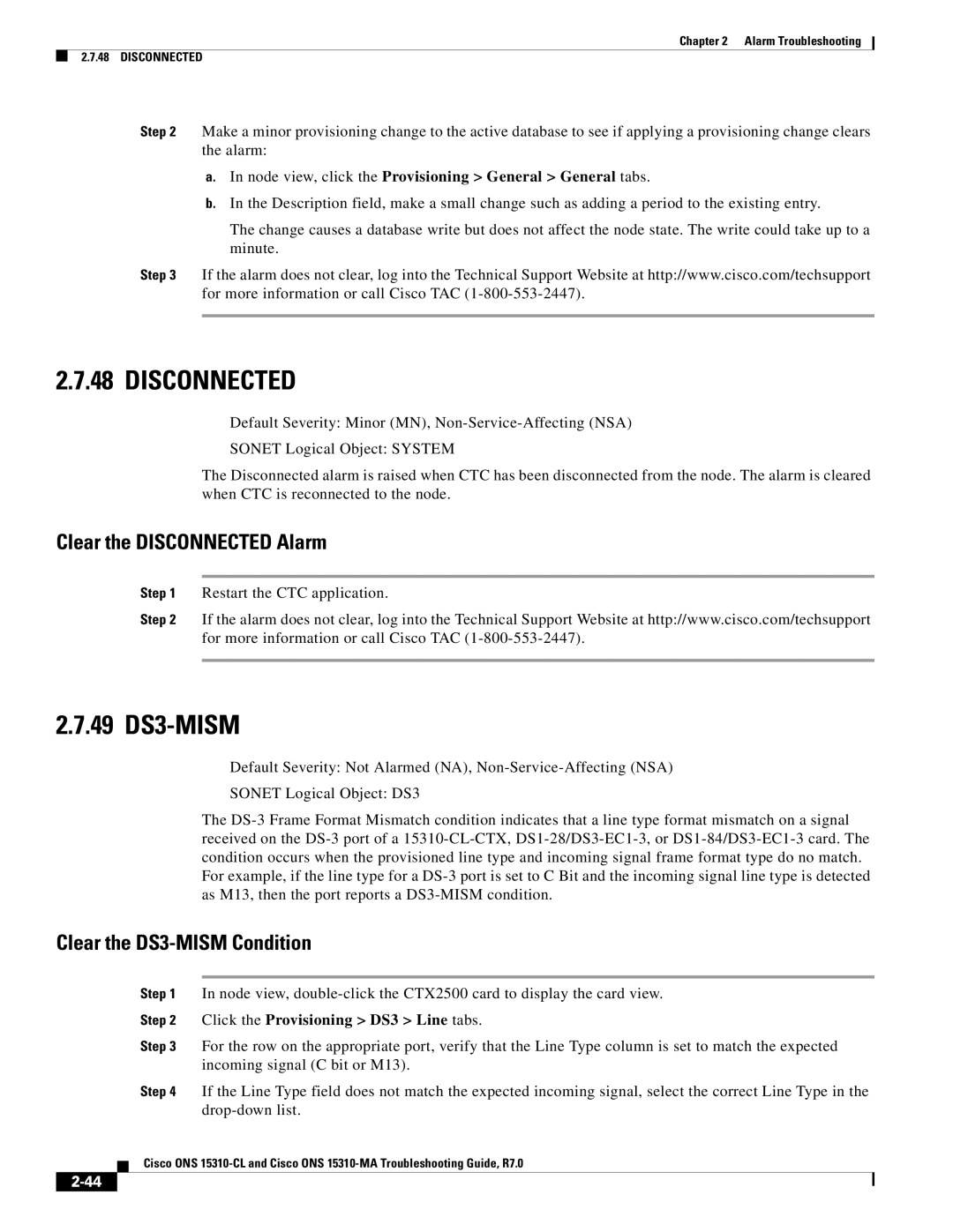 Cisco Systems ONS 15310-CL, ONS 15310-MA manual 49 DS3-MISM, Clear the Disconnected Alarm, Clear the DS3-MISM Condition 