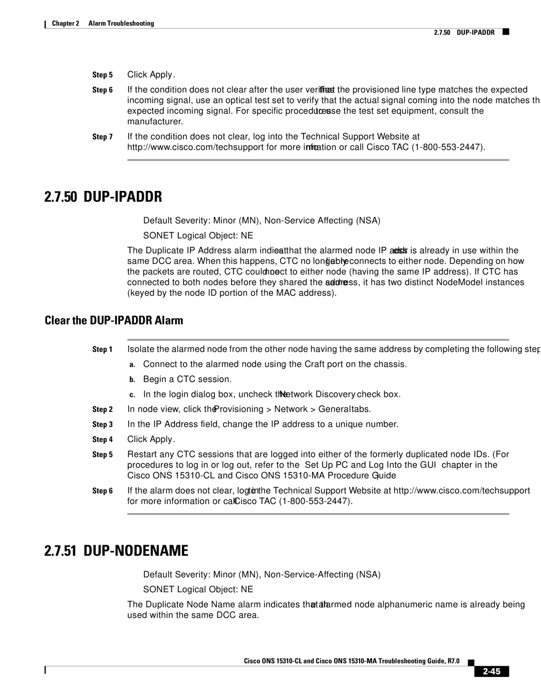 Cisco Systems ONS 15310-MA, ONS 15310-CL manual Dup-Ipaddr, Dup-Nodename, Clear the DUP-IPADDR Alarm 