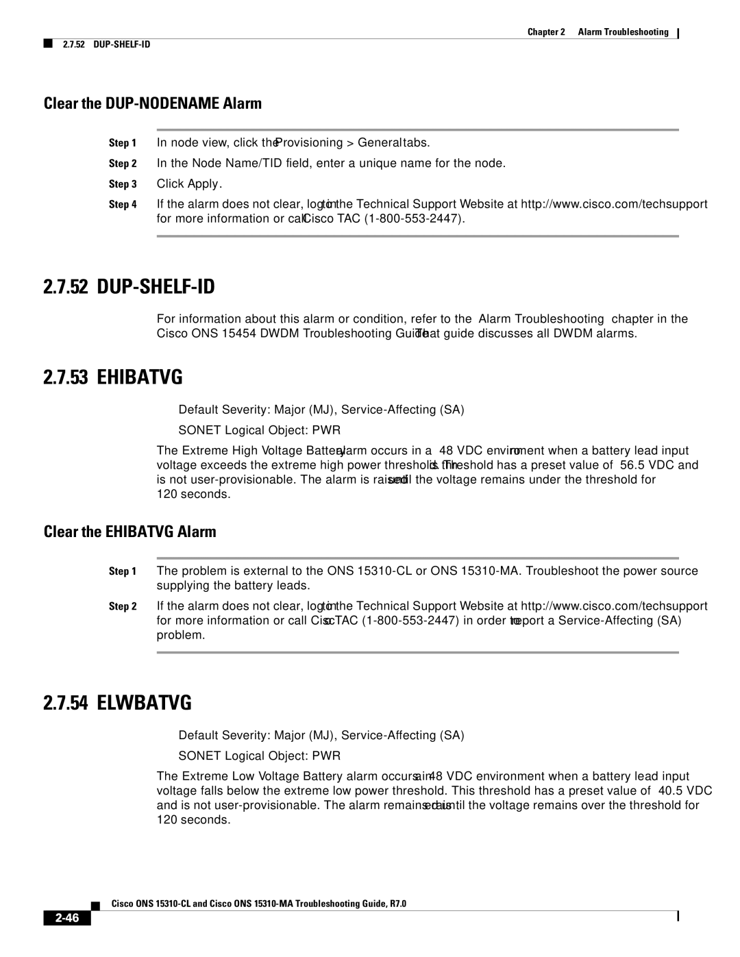 Cisco Systems ONS 15310-CL manual Dup-Shelf-Id, Elwbatvg, Clear the DUP-NODENAME Alarm, Clear the Ehibatvg Alarm 