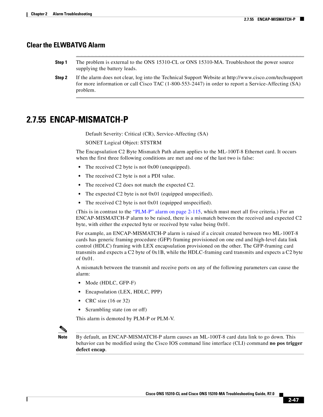 Cisco Systems ONS 15310-MA, ONS 15310-CL manual Encap-Mismatch-P, Clear the Elwbatvg Alarm 