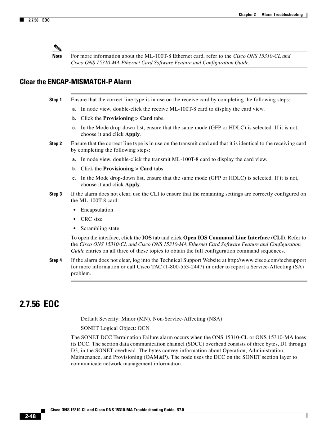 Cisco Systems ONS 15310-CL, ONS 15310-MA manual 56 EOC, Clear the ENCAP-MISMATCH-P Alarm, Click the Provisioning Card tabs 