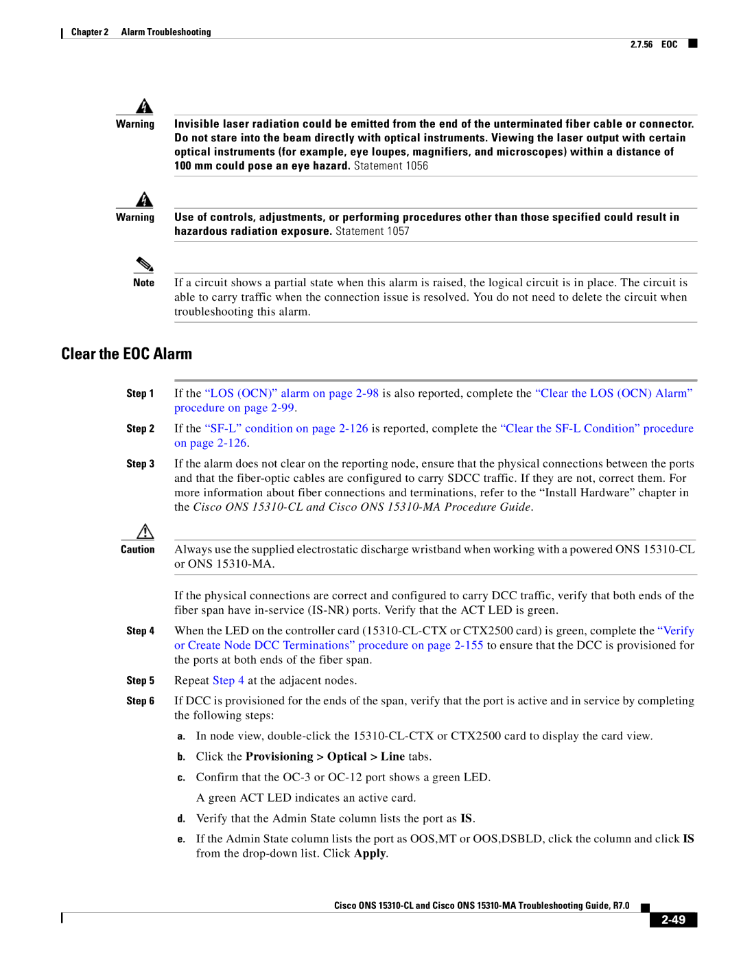 Cisco Systems ONS 15310-MA, ONS 15310-CL manual Clear the EOC Alarm, Click the Provisioning Optical Line tabs 