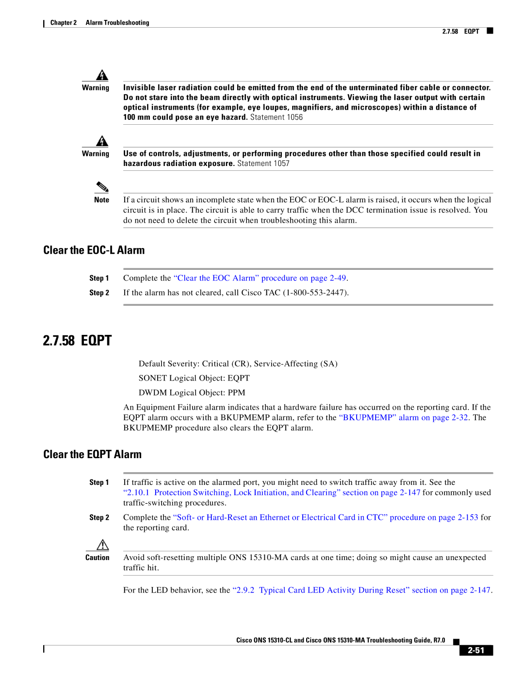 Cisco Systems ONS 15310-MA, ONS 15310-CL manual Clear the EOC-L Alarm, Clear the Eqpt Alarm 