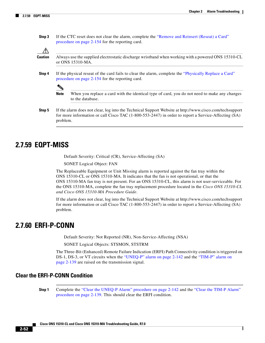 Cisco Systems ONS 15310-CL, ONS 15310-MA manual Eqpt-Miss, Erfi-P-Conn, Clear the ERFI-P-CONN Condition 