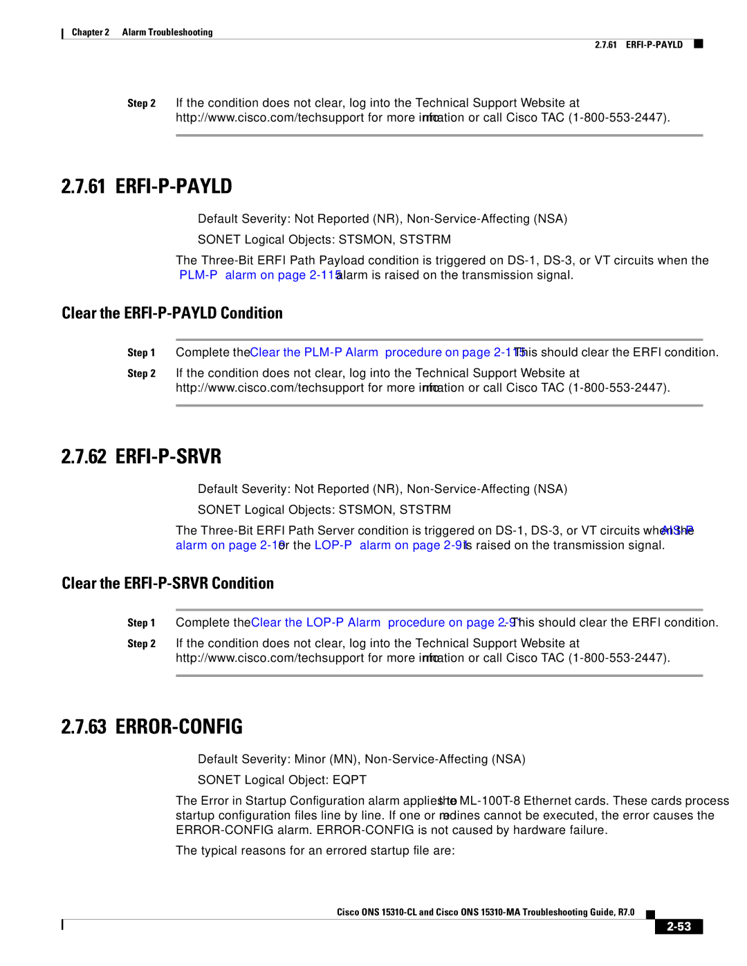 Cisco Systems ONS 15310-MA, ONS 15310-CL manual Erfi-P-Payld, Erfi-P-Srvr, Error-Config, Clear the ERFI-P-PAYLD Condition 