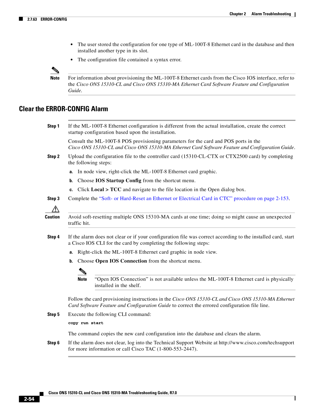 Cisco Systems ONS 15310-CL, ONS 15310-MA manual Clear the ERROR-CONFIG Alarm 