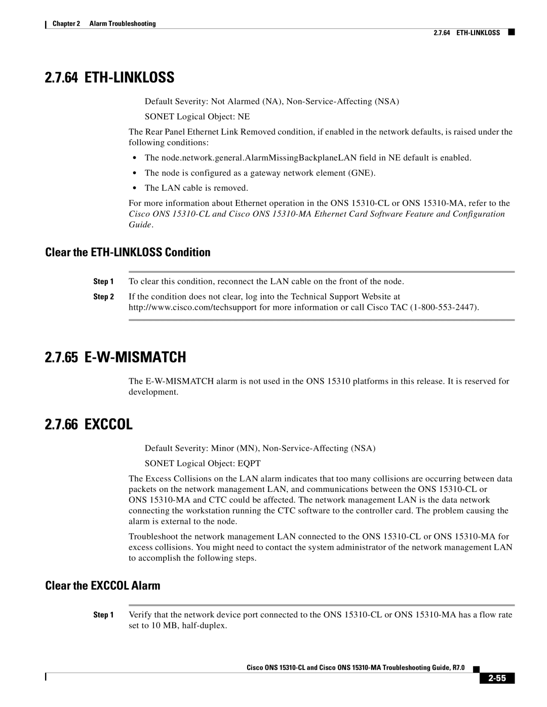 Cisco Systems ONS 15310-MA manual Eth-Linkloss, W-Mismatch, Clear the ETH-LINKLOSS Condition, Clear the Exccol Alarm 