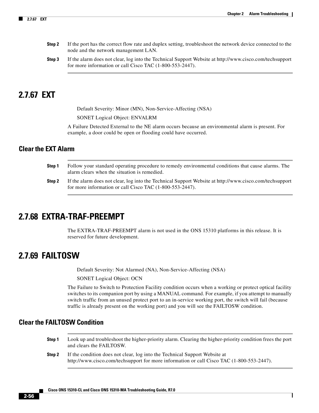 Cisco Systems ONS 15310-CL, ONS 15310-MA 67 EXT, Extra-Traf-Preempt, Clear the EXT Alarm, Clear the Failtosw Condition 