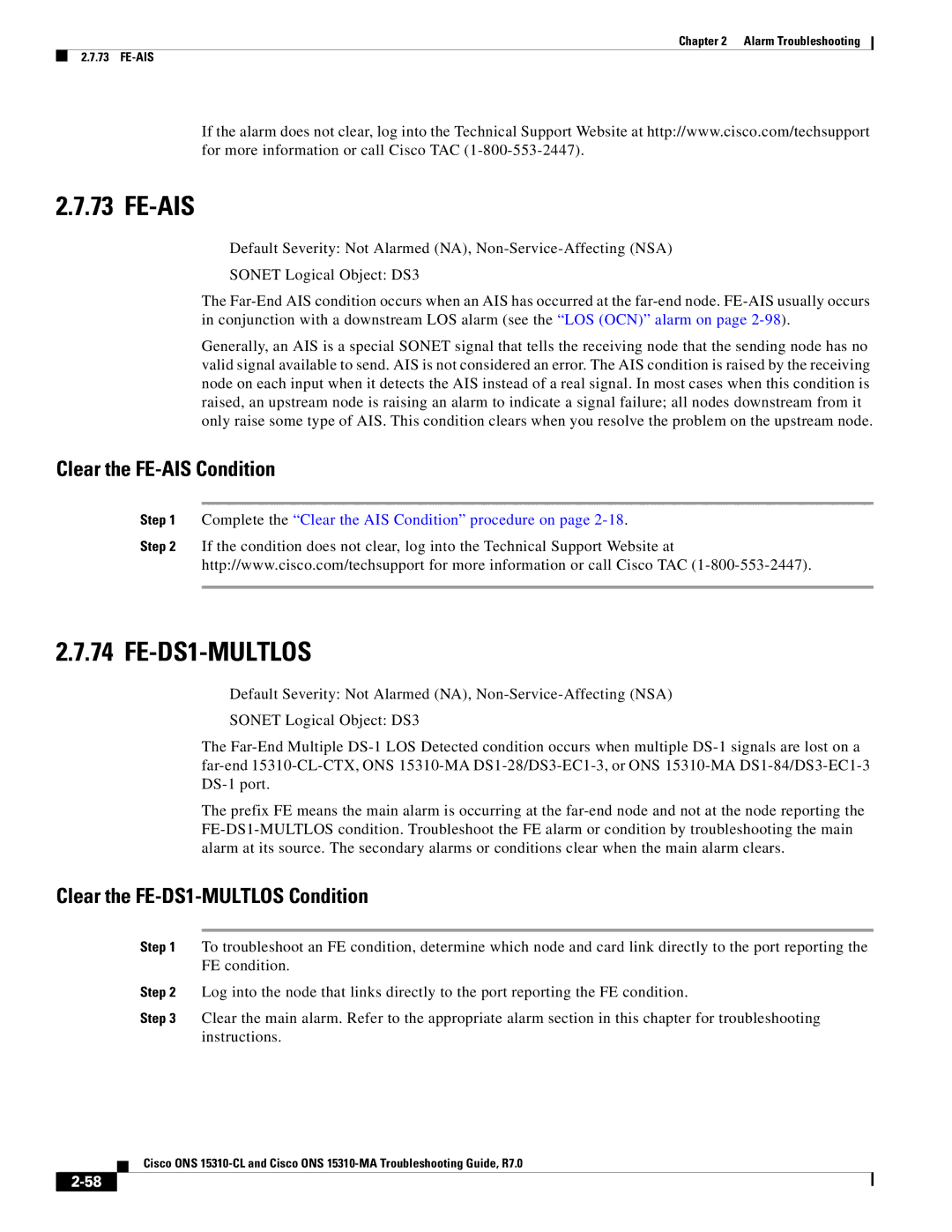 Cisco Systems ONS 15310-CL, ONS 15310-MA manual Fe-Ais, Clear the FE-AIS Condition, Clear the FE-DS1-MULTLOS Condition 