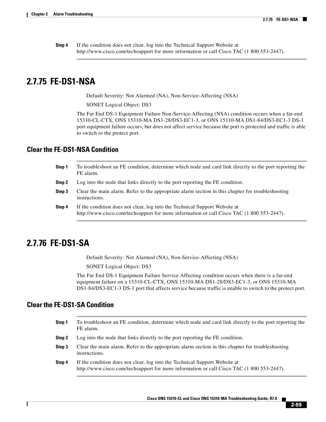 Cisco Systems ONS 15310-MA, ONS 15310-CL manual Clear the FE-DS1-NSA Condition, Clear the FE-DS1-SA Condition 