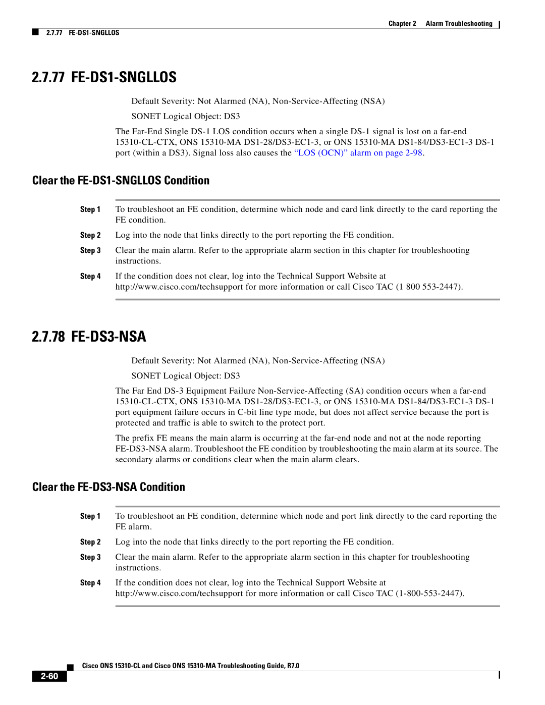 Cisco Systems ONS 15310-CL, ONS 15310-MA manual Clear the FE-DS1-SNGLLOS Condition, Clear the FE-DS3-NSA Condition 