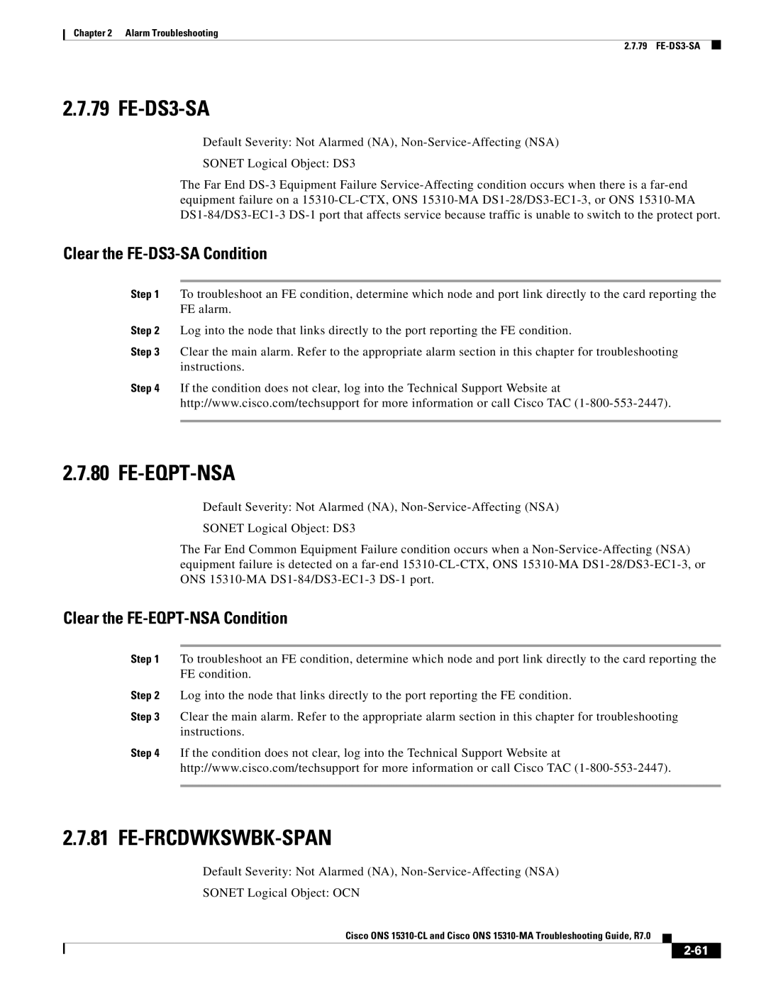 Cisco Systems ONS 15310-MA, ONS 15310-CL manual Fe-Eqpt-Nsa, Fe-Frcdwkswbk-Span, Clear the FE-DS3-SA Condition 