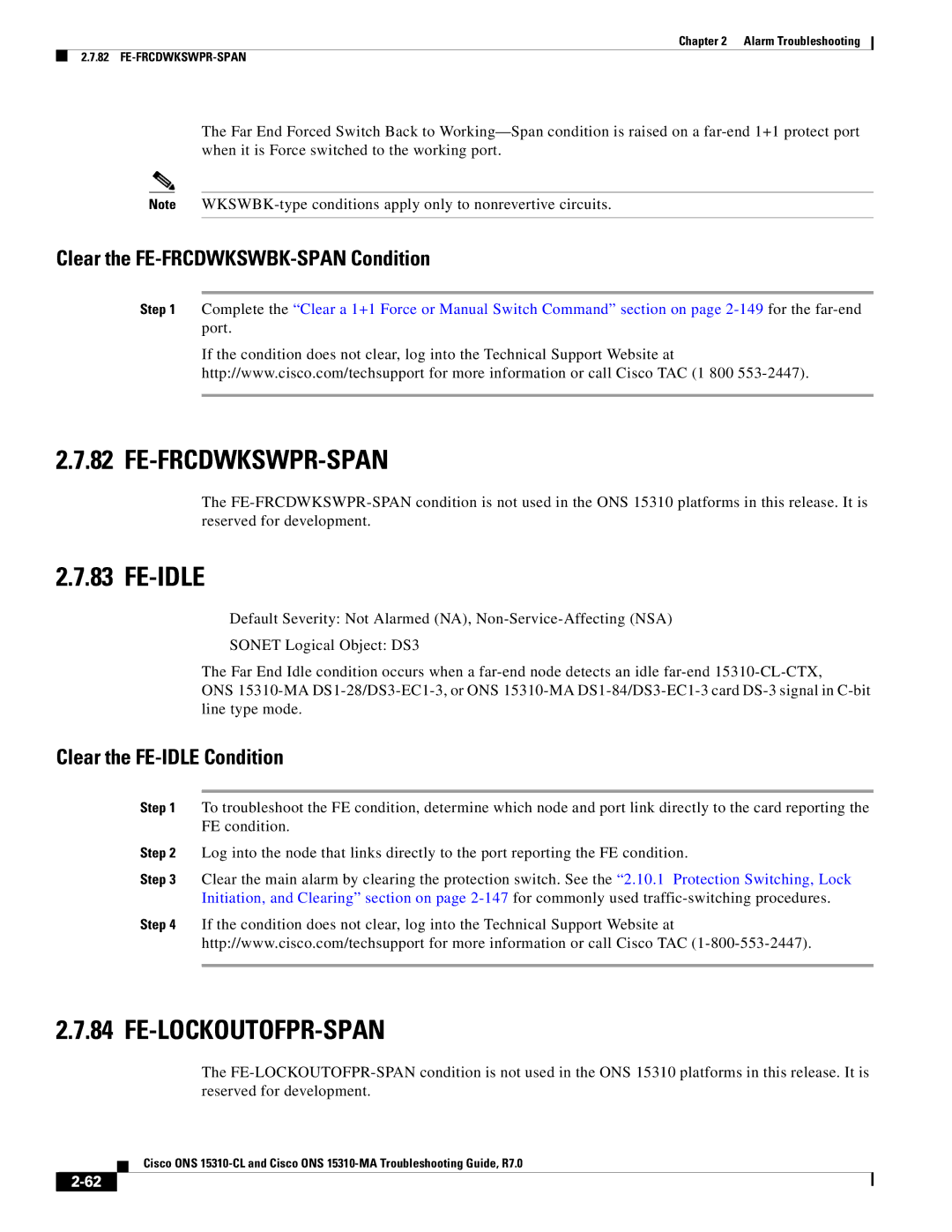 Cisco Systems ONS 15310-CL manual Fe-Frcdwkswpr-Span, Fe-Idle, Fe-Lockoutofpr-Span, Clear the FE-FRCDWKSWBK-SPAN Condition 