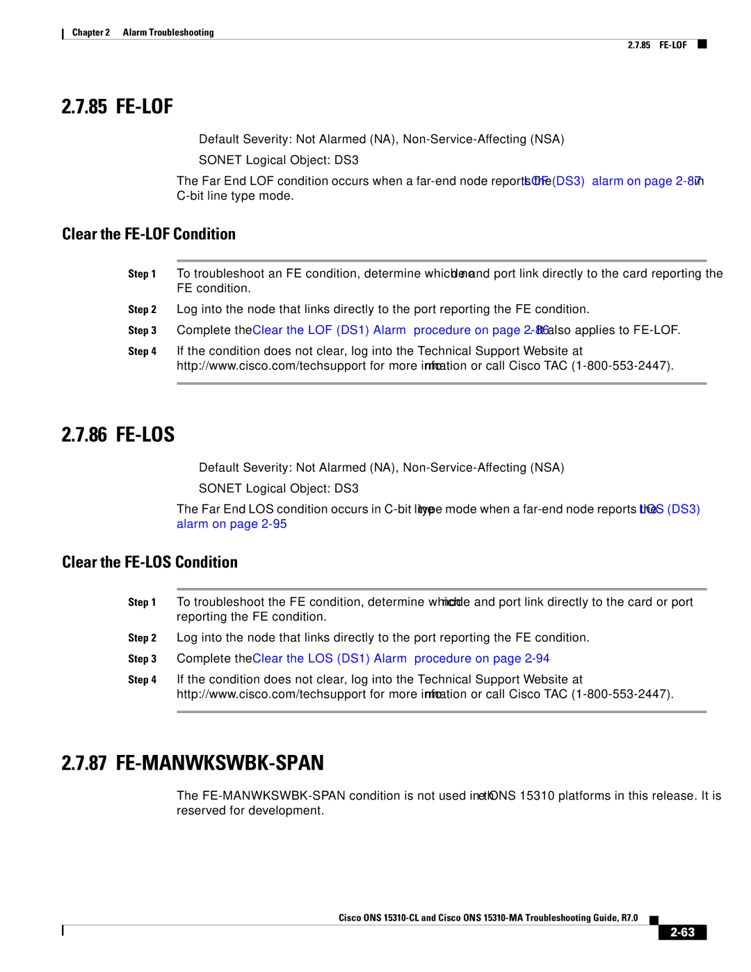 Cisco Systems ONS 15310-MA manual Fe-Lof, Fe-Los, Fe-Manwkswbk-Span, Clear the FE-LOF Condition, Clear the FE-LOS Condition 