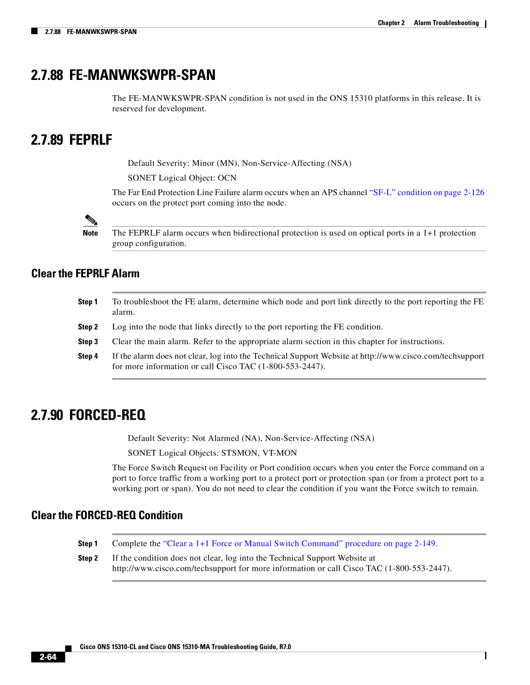 Cisco Systems ONS 15310-CL manual Fe-Manwkswpr-Span, Forced-Req, Clear the Feprlf Alarm, Clear the FORCED-REQ Condition 