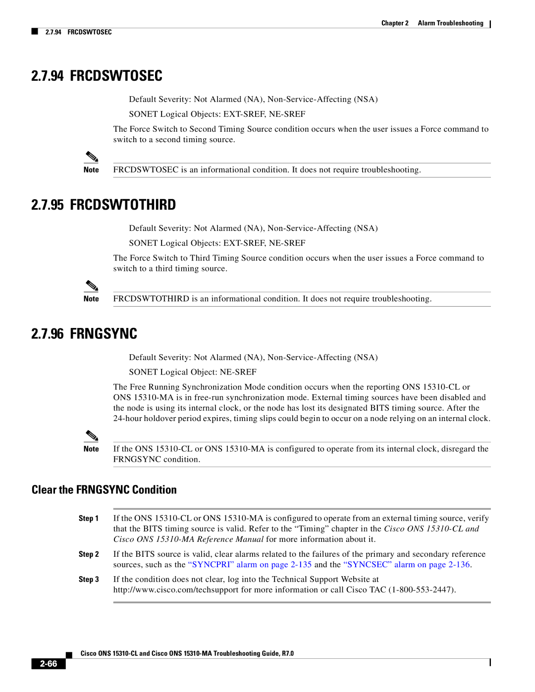 Cisco Systems ONS 15310-CL, ONS 15310-MA manual Frcdswtosec, Frcdswtothird, Clear the Frngsync Condition 
