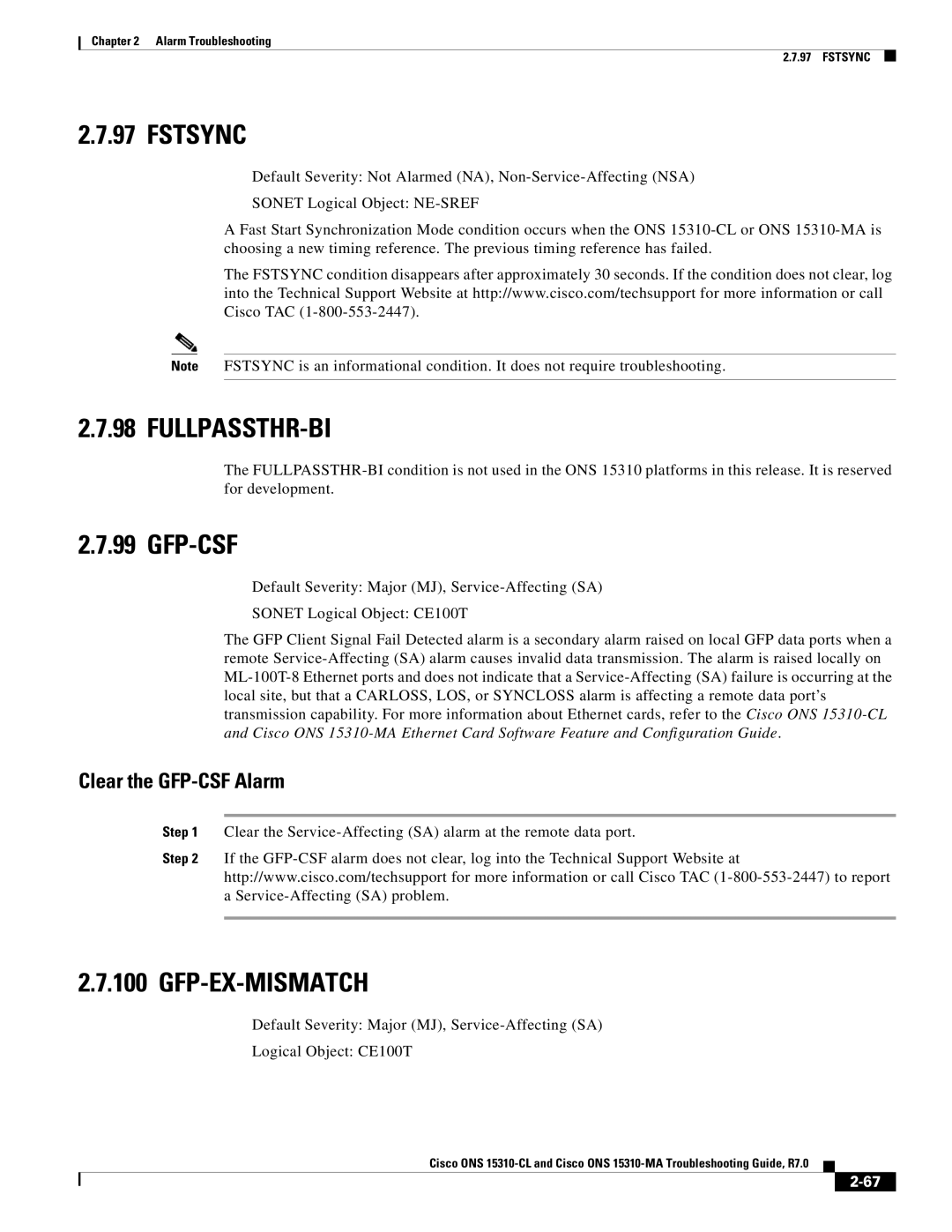 Cisco Systems ONS 15310-MA, ONS 15310-CL manual Fstsync, Fullpassthr-Bi, Gfp-Csf, Gfp-Ex-Mismatch, Clear the GFP-CSF Alarm 