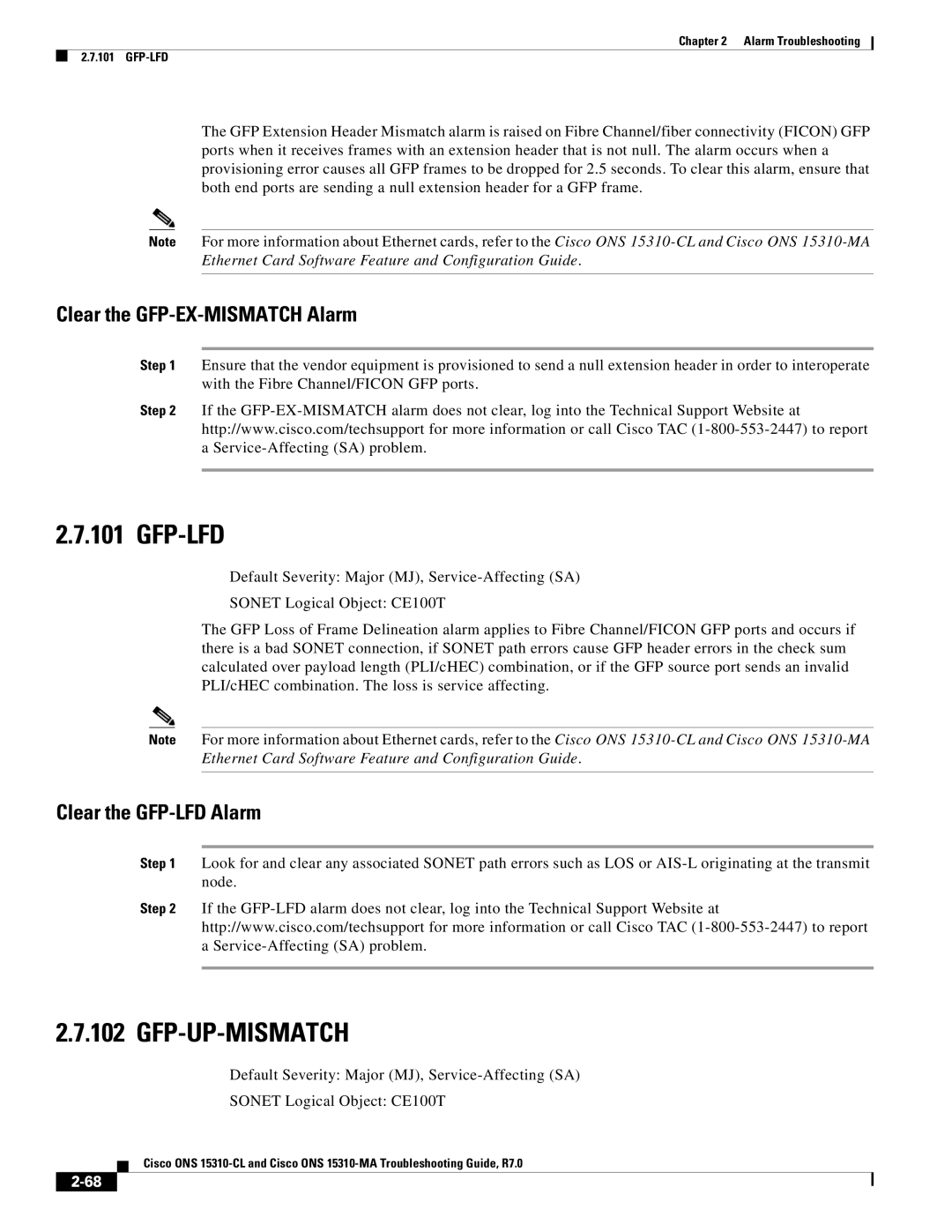 Cisco Systems ONS 15310-CL manual Gfp-Lfd, Gfp-Up-Mismatch, Clear the GFP-EX-MISMATCH Alarm, Clear the GFP-LFD Alarm 