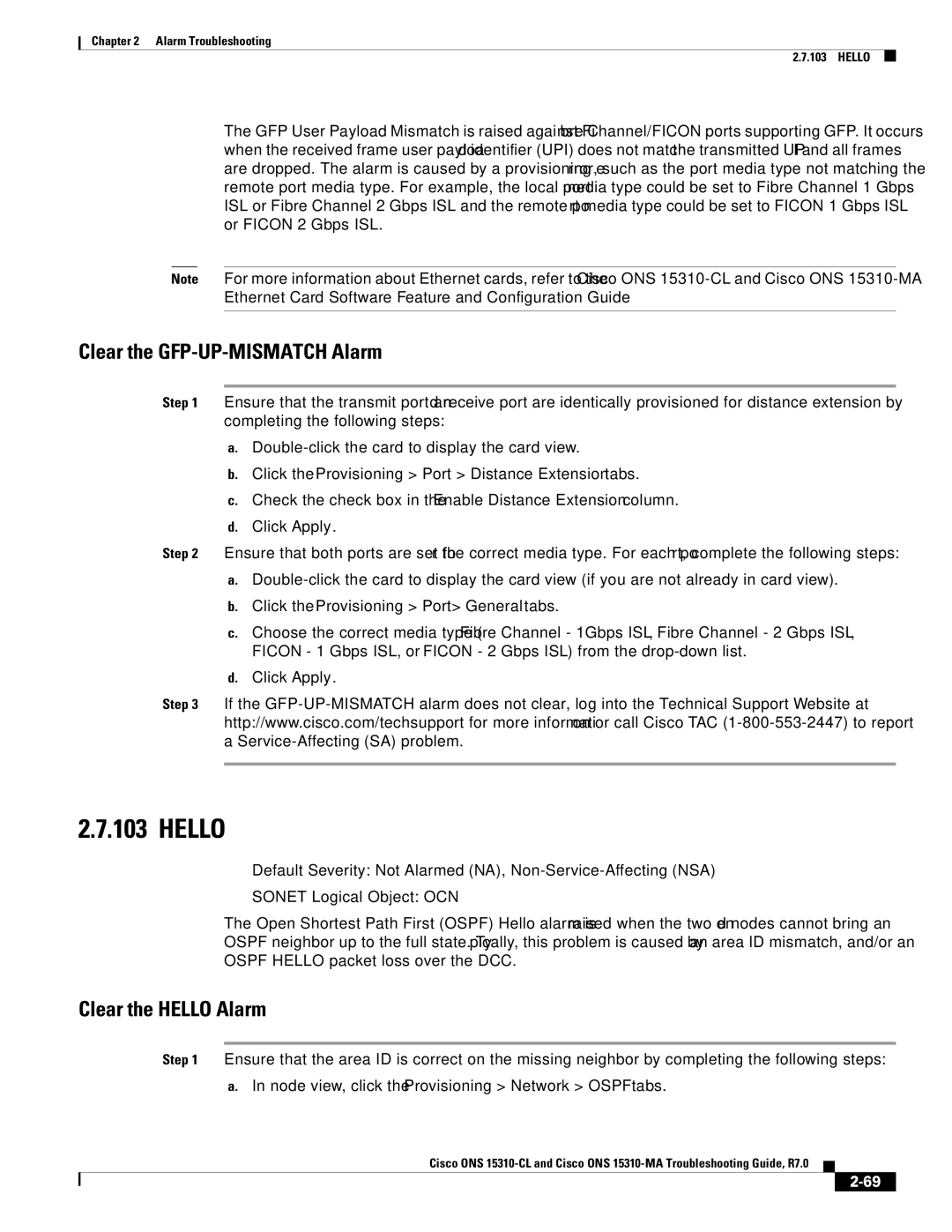 Cisco Systems ONS 15310-MA, ONS 15310-CL manual Clear the GFP-UP-MISMATCH Alarm, Clear the Hello Alarm 