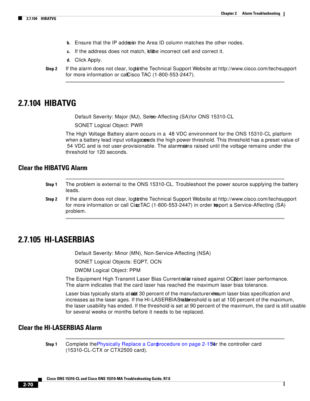 Cisco Systems ONS 15310-CL, ONS 15310-MA manual Hi-Laserbias, Clear the Hibatvg Alarm, Clear the HI-LASERBIAS Alarm 