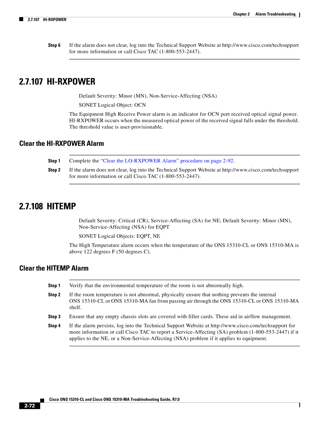 Cisco Systems ONS 15310-CL, ONS 15310-MA manual Hi-Rxpower, Clear the HI-RXPOWER Alarm, Clear the Hitemp Alarm 