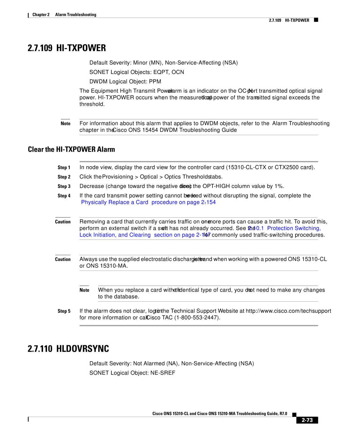Cisco Systems ONS 15310-MA, ONS 15310-CL manual Hi-Txpower, Hldovrsync, Clear the HI-TXPOWER Alarm 