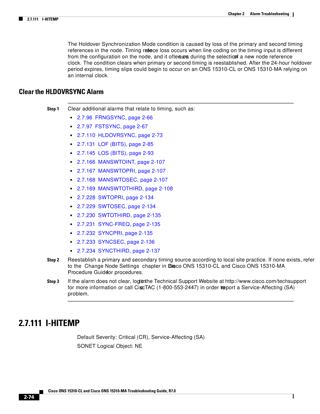 Cisco Systems ONS 15310-CL, ONS 15310-MA manual Clear the Hldovrsync Alarm 