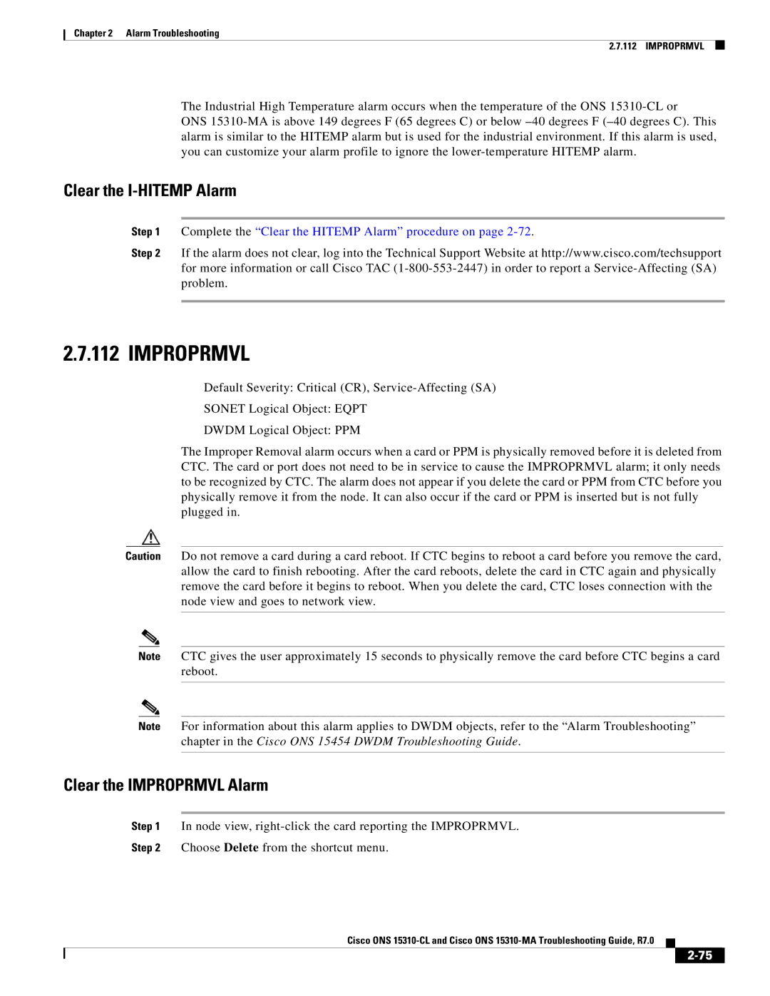 Cisco Systems ONS 15310-MA, ONS 15310-CL manual Clear the I-HITEMP Alarm, Clear the Improprmvl Alarm 