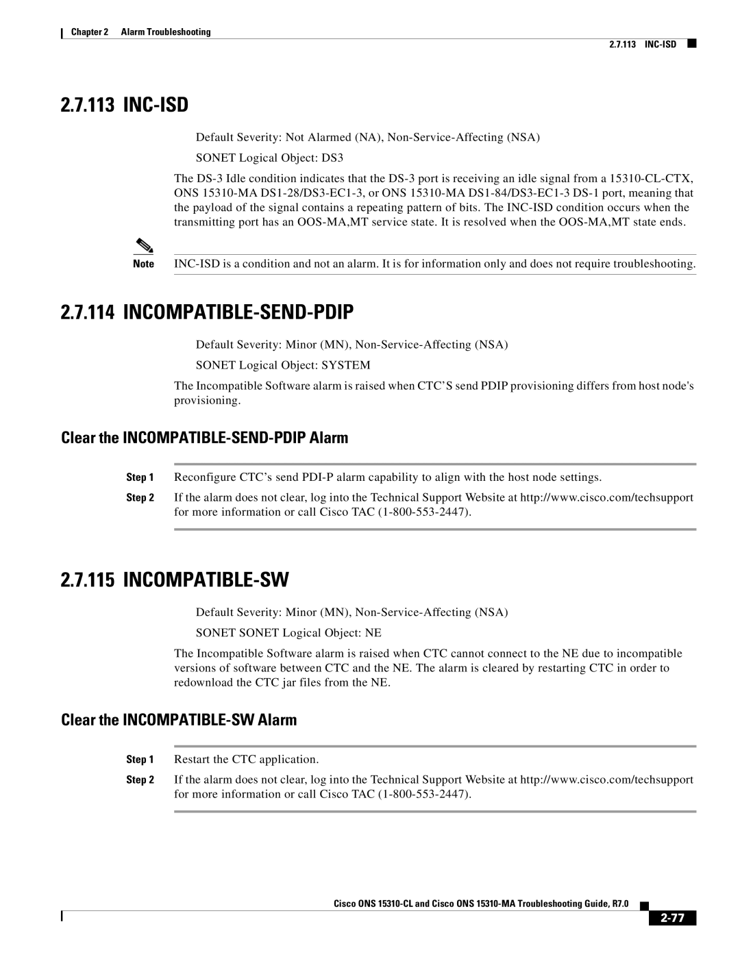 Cisco Systems ONS 15310-MA manual Inc-Isd, Incompatible-Send-Pdip, Incompatible-Sw, Clear the INCOMPATIBLE-SEND-PDIP Alarm 