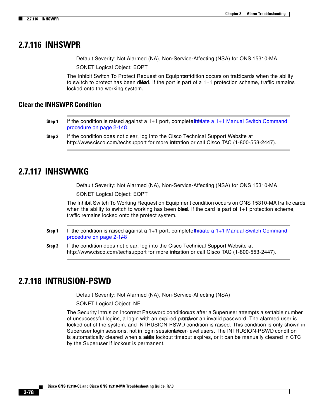 Cisco Systems ONS 15310-CL, ONS 15310-MA manual Inhswwkg, Intrusion-Pswd, Clear the Inhswpr Condition 