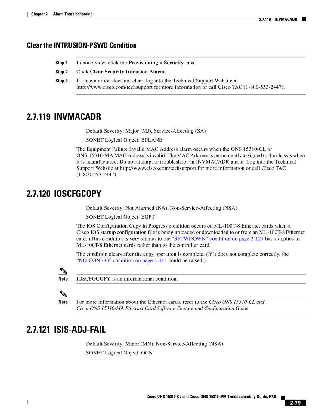 Cisco Systems ONS 15310-MA, ONS 15310-CL manual Invmacadr, Ioscfgcopy, Isis-Adj-Fail, Clear the INTRUSION-PSWD Condition 