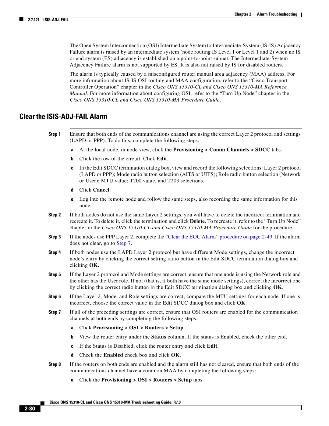 Cisco Systems ONS 15310-CL, ONS 15310-MA manual Clear the ISIS-ADJ-FAIL Alarm, Click Provisioning OSI Routers Setup 