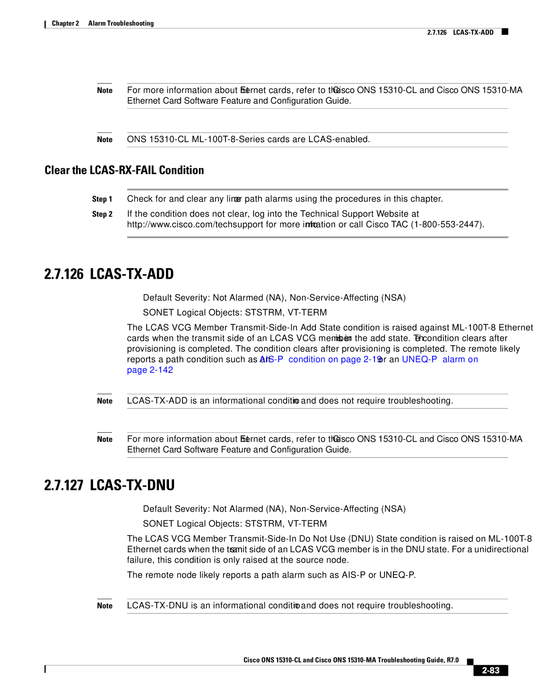 Cisco Systems ONS 15310-MA, ONS 15310-CL manual Lcas-Tx-Add, Lcas-Tx-Dnu, Clear the LCAS-RX-FAIL Condition 