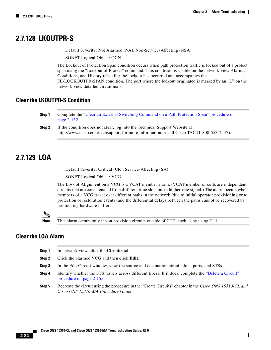 Cisco Systems ONS 15310-CL, ONS 15310-MA manual Lkoutpr-S, 129 LOA, Clear the LKOUTPR-S Condition, Clear the LOA Alarm 