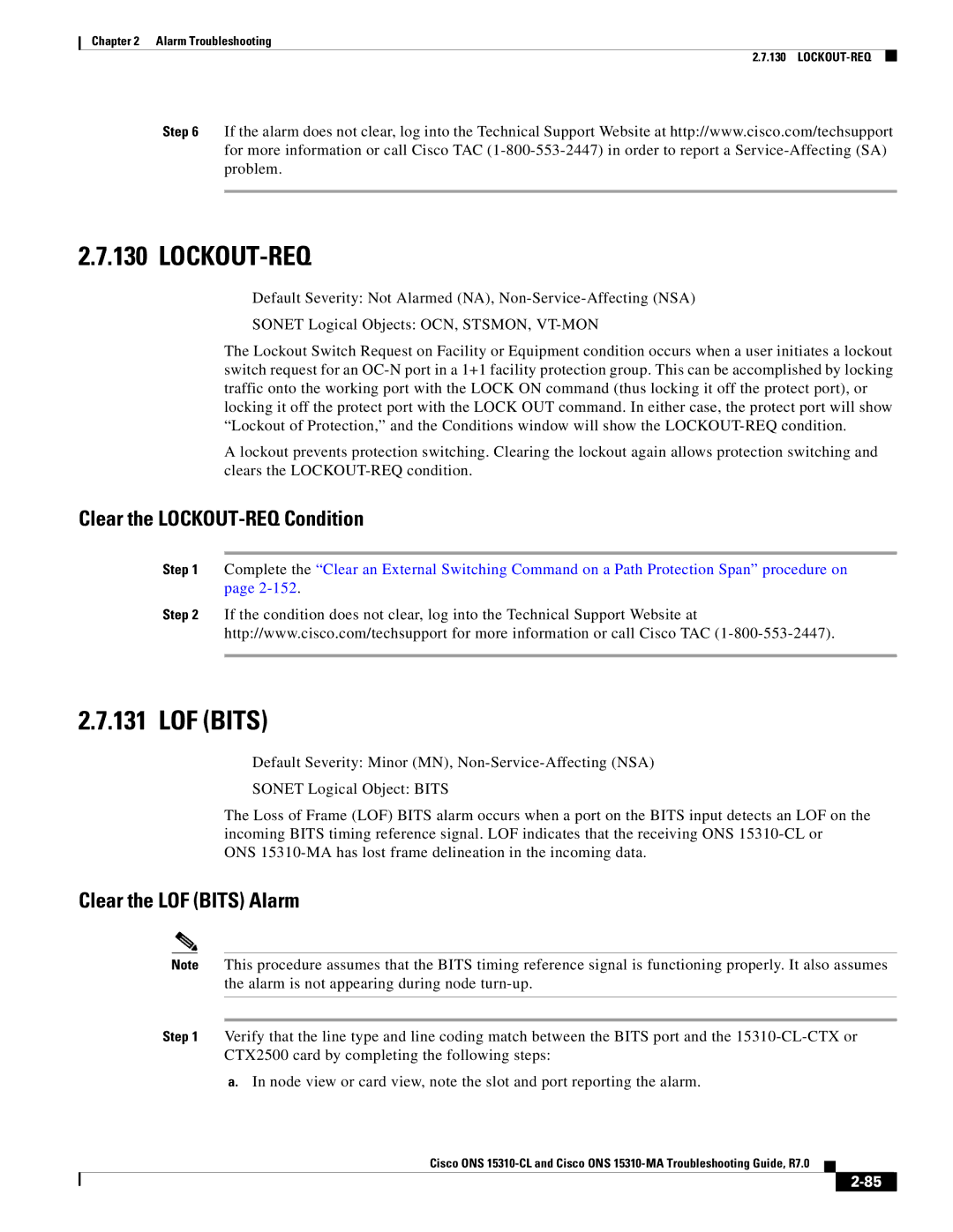 Cisco Systems ONS 15310-MA, ONS 15310-CL manual Lockout-Req, Clear the LOCKOUT-REQ Condition, Clear the LOF Bits Alarm 