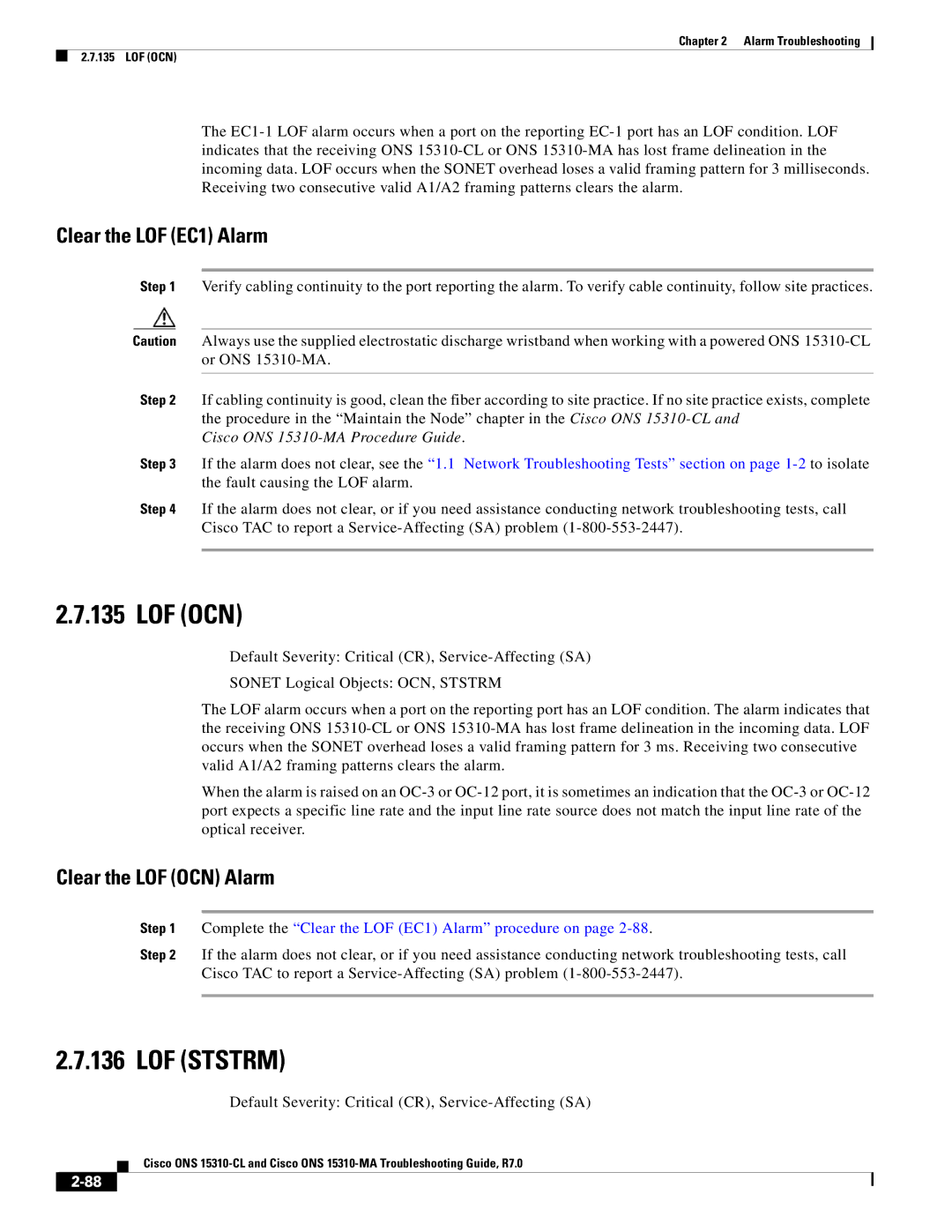 Cisco Systems ONS 15310-CL, ONS 15310-MA manual Lof Ocn, LOF Ststrm, Clear the LOF EC1 Alarm, Clear the LOF OCN Alarm 