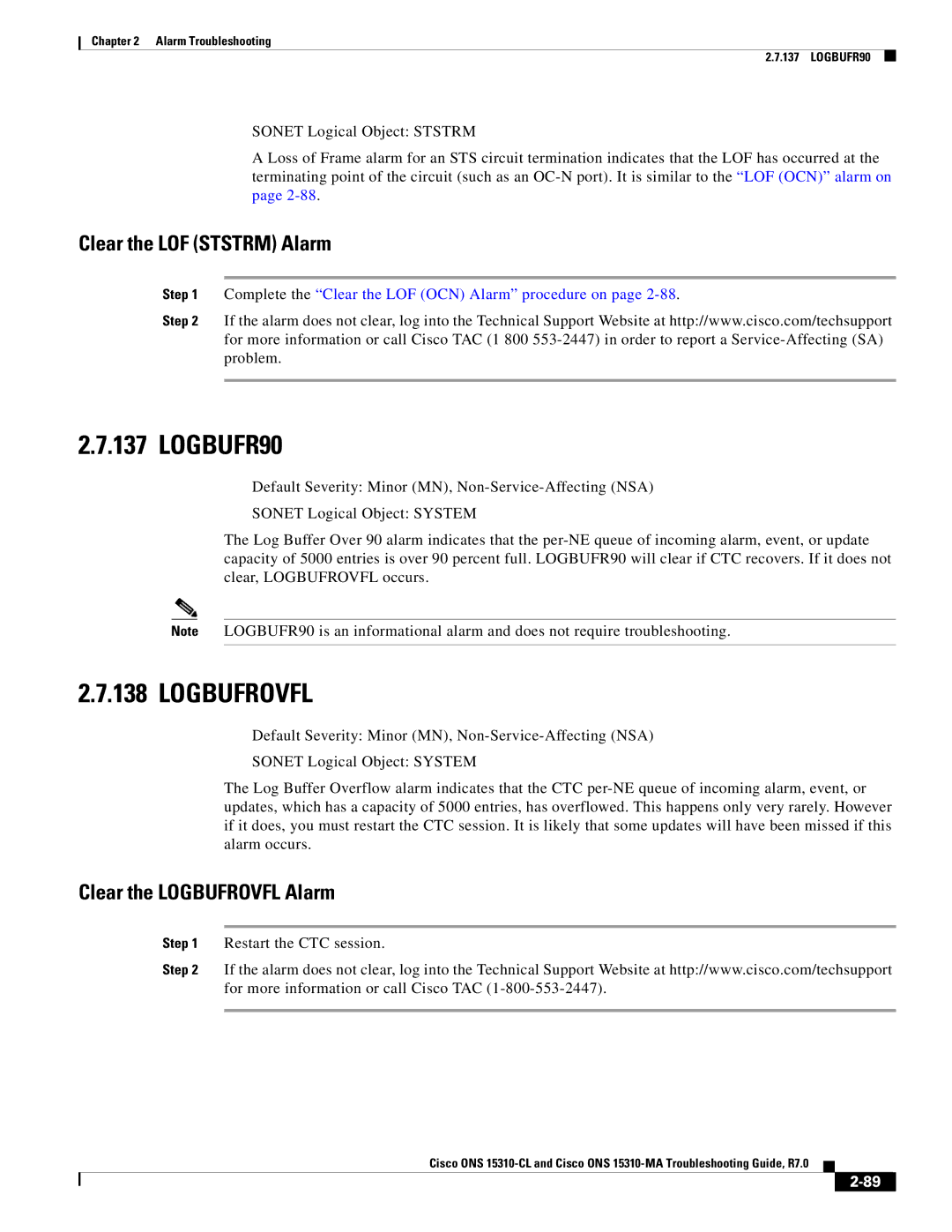 Cisco Systems ONS 15310-MA, ONS 15310-CL manual LOGBUFR90, Clear the LOF Ststrm Alarm, Clear the Logbufrovfl Alarm 