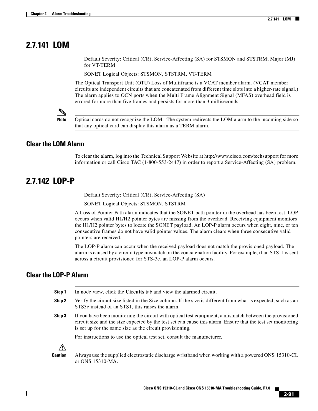 Cisco Systems ONS 15310-MA, ONS 15310-CL manual 141 LOM, Lop-P, Clear the LOM Alarm, Clear the LOP-P Alarm 