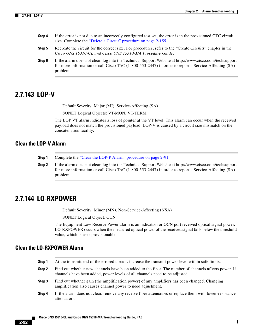 Cisco Systems ONS 15310-CL, ONS 15310-MA manual Lop-V, Lo-Rxpower, Clear the LOP-V Alarm, Clear the LO-RXPOWER Alarm 